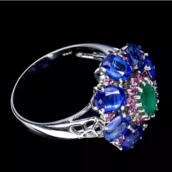 Natural Emerald 6x4mm, Kyanite, Rhodolite 925 Sterling Silver Ring 6.75 - Picture 4 of 7